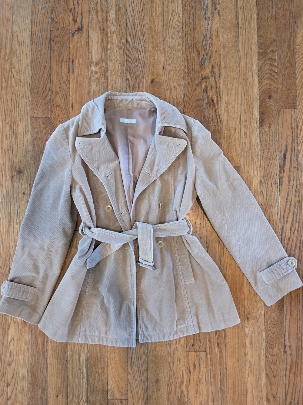 Free's Shop Beige Corduroy Belted Trench Coat Jacket Size Small XS